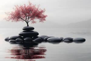 Zen Tranquility Red Blossom Tree on Zen Stones in Serene Waterscape photo