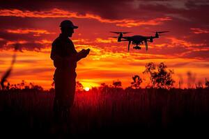 Drone Operation at Sunset with Silhouette in Vibrant Sky for Outdoor Adventure and Technology photo