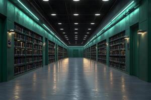 Modern Library Hallway with Illuminated Bookshelves for Educational Design photo