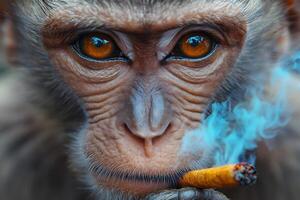 Close-up of a monkey smoking a cigarette. photo