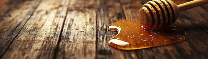 Golden honey glistens as it drips from a wooden dipper onto a smooth, weathered wooden surface. Soft natural light enhances the warm hues, creating an inviting atmosphere photo