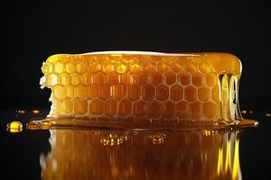 An exquisite natural honeycomb displays glossy golden honey drips cascading over a matte black surface, accented by soft gold reflections. This elegant setup offers a spacious area for text overlay photo