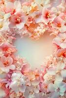 A heart-shaped arrangement of delicate pink, peach, and white flowers creates a beautiful frame on a soft blush and cream gradient background, inviting heartfelt messages and designs photo
