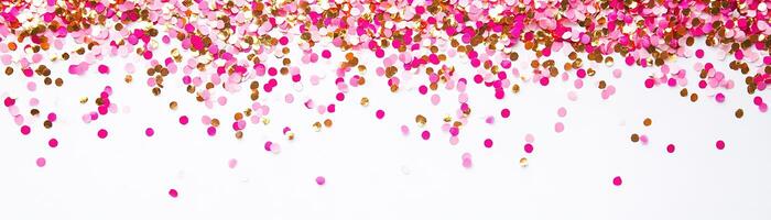 A vibrant display of pink and gold confetti scattered delightfully on a white surface. This playful backdrop creates a celebratory atmosphere ideal for party invitations or social media posts photo