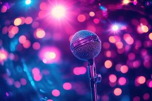 A vintage microphone stands in front of a glittering disco ball, surrounded by colorful stage lights creating an energetic ambiance perfect for a lively performance or celebration photo