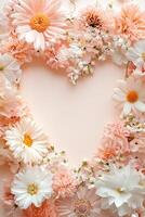 A heart-shaped floral frame filled with pink, peach, and white blooms creates a charming backdrop perfect for invitations, announcements, or romantic messages on a soft gradient background photo
