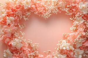 A heart-shaped arrangement of soft pink, peach, and white flowers creates a charming frame against a blush and cream gradient backdrop. Ideal for invitations or heartfelt messages photo