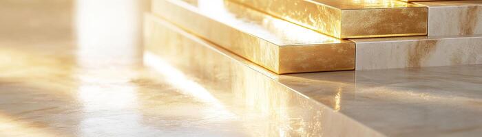 Elegantly arranged gold bars reflect soft light against a pristine marble surface, creating a luxurious ambiance with ample space for adding custom text, perfect for premium themes photo