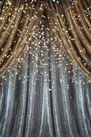 Shimmering curtain creates a festive atmosphere for a glamorous disco party. Sparkling lights add elegance to the clean space, perfect for any celebratory event or text overlay photo