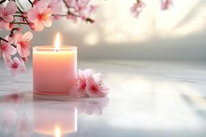Delicate pink candle illuminated on a polished white marble surface, surrounded by soft floral elements. The calming atmosphere creates an ideal setting for Mother's Day celebrations photo