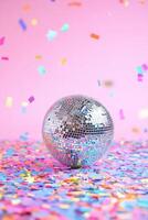 A shiny silver disco ball glimmers in the center, surrounded by vibrant confetti against a soft pastel gradient. Perfect for festive occasions and cheerful celebrations photo