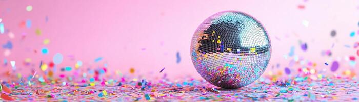 A shiny silver disco ball glimmers surrounded by colorful confetti on a soft pastel gradient backdrop. This fun and festive setting is perfect for celebrations and special occasions photo