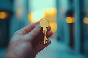A close-up highlights a hand gripping a luxury gold key, symbolizing access to a stylish modern house. The blurred background creates an inviting atmosphere with space for text photo