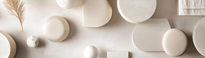 Soft white and beige geometric ceramic shapes are arranged on a neutral surface, creating a serene and contemporary backdrop that invites text overlay photo