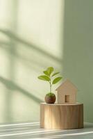 Wooden podium showcases a small house icon paired with a fresh plant, surrounded by soft natural light against a light green background, ideal for product presentations photo