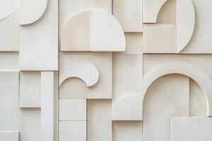 Soft white and beige geometric ceramic shapes create a modern abstract background on a neutral surface, providing a calming and spacious feel perfect for text overlay photo