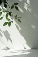 Soft shadows of green leaves gracefully cast onto a clean white wall create a fresh and modern aesthetic. The ample negative space invites creative text overlay in minimalist design photo