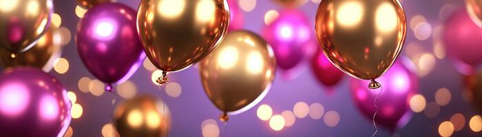Colorful metallic balloons in gold, pink, and purple float amidst soft glowing disco lights, creating a playful atmosphere perfect for celebrations and events, with ample space for text photo