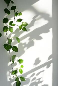 Soft shadows of green leaves create a serene minimalist backdrop against a bright white wall, offering ample space for text and fresh design elements in a modern setting photo