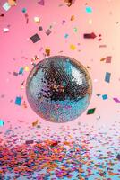 A shiny silver disco ball floats amidst vibrant confetti, surrounded by a pastel gradient background. This playful setting invites joy and excitement, perfect for festive events photo