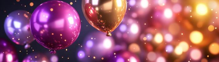 Colorful metallic balloons in gold, pink, and purple hover against a playful disco-themed backdrop. Soft glowing lights add a fun and celebratory vibe, ideal for text overlay photo