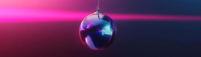 A shiny silver disco ball hangs at the center, casting colorful light beams in pink, purple, and blue against a dark gradient. Perfect backdrop for a modern party invitation photo