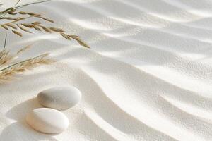 Soft windblown sand patterns in beige tones create a tranquil atmosphere, complemented by scattered grasses and smooth stones, ideal for relaxation and contemplation photo