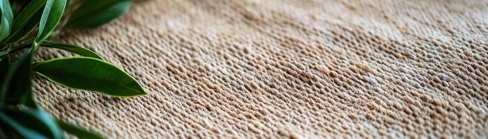 Close-up view of a textured woven jute fabric in natural beige hues, complemented by small green plant accents along the edges, creating a chic and rustic setting photo