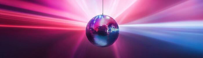 A shiny silver disco ball hangs in the center, reflecting colorful beams of pink, purple, and blue light against a dark gradient background. Perfect for presentations or events photo