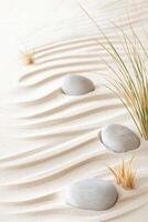 Windblown sand creates gentle, flowing patterns in beige tones, accented by smooth stones and delicate grasses, evoking a calming and peaceful atmosphere photo
