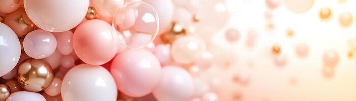 A delightful pastel pink balloon arch creates a whimsical atmosphere, complemented by white and gold accents against a soft blush and cream gradient background. Perfect for celebrations photo
