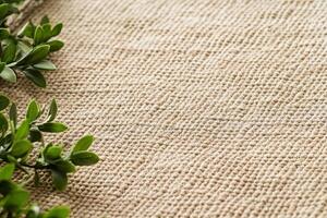 Close-up of woven jute fabric in soft beige tones featuring green plant accents on the edges, creating a stylish rustic backdrop perfect for text overlay and design photo
