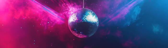 A shiny silver disco ball hangs at the center, casting colorful beams of light in pink, purple, and blue against a dark gradient backdrop, creating a lively and modern ambiance photo