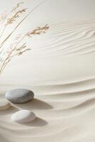Windblown sand showcases gentle patterns in beige tones, while scattered grasses and smooth stones enhance the peaceful setting. This natural scene invites tranquility and reflection photo