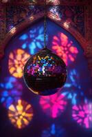 A shiny silver disco ball hangs in the center, casting vibrant pink, purple, and blue light beams against a dark gradient backdrop. Ideal for parties or retro-themed events photo