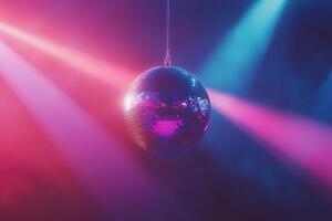 A shiny silver disco ball hangs in the center, reflecting vibrant beams of pink, purple, and blue light against a dark gradient backdrop, perfect for creating a nostalgic atmosphere photo