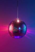 A shiny silver disco ball hangs in the center, radiating colorful light beams in pink, purple, and blue against a dark gradient backdrop. Perfect for a party atmosphere photo