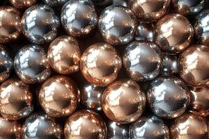 An abstract design features patterns of metallic silver, gold, and rose gold disco balls. The clean dark backdrop offers ample space for text, ideal for contemporary projects photo