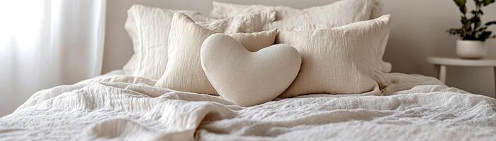 A cozy bedroom features a heart-shaped pillow surrounded by soft pillows on a neatly made bed. The neutral color palette creates a calming and inviting atmosphere photo