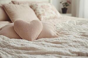 A cozy bedroom features a soft beige quilt and plush cushions, with a heart-shaped decorative pillow at the center, creating a calm and inviting atmosphere during daylight photo
