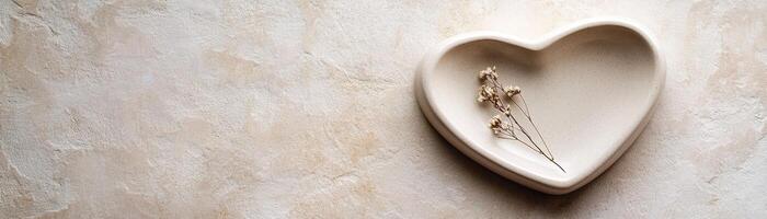 A heart-shaped plate crafted from light stone showcases a small dried flower, resting gracefully on a smooth neutral surface. This tranquil setup offers ample space for personalized text overlays photo