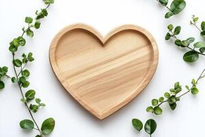 A heart-shaped plate made of light oak wood rests on a smooth white surface, accented by small green leaves. The ample negative space invites personalization or text overlay photo