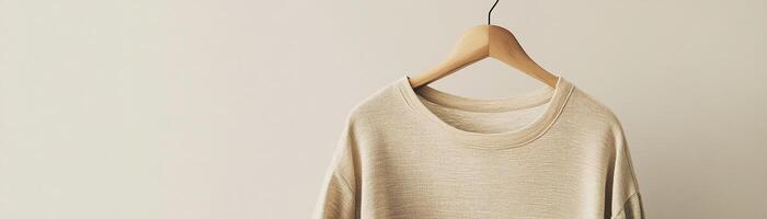 A natural linen shirt elegantly drapes on a light wooden hanger, showcased against a smooth beige background, creating a serene and modern atmosphere ideal for minimalist fashion photo