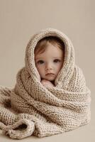 A peaceful baby gently wrapped in a snug knit blanket rests on a smooth beige surface, exuding warmth and tranquility in a serene setting perfect for capturing precious moments photo