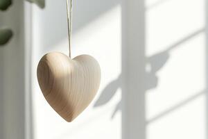 A simple wooden heart ornament hangs against a neutral light background, showcasing a modern Nordic aesthetic. The stylish design creates a peaceful atmosphere, perfect for text placement photo