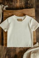 Soft beige cotton t-shirt rests on a rustic wooden surface, showcasing an eco-friendly tag. The neutral background highlights its modern, minimalist design for sustainable style photo