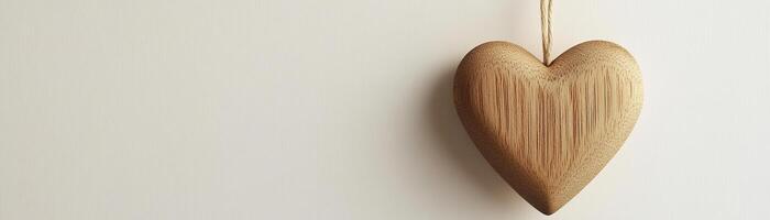 A simple wooden heart ornament dangles gracefully on a neutral light background, embodying modern Nordic design. The spacious layout invites creative text placements photo