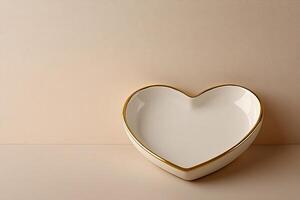 A refined heart-shaped plate in matte white ceramic rests on a clean beige surface, featuring a delicate gold rim. Ample space allows for text overlay or elegant presentation photo