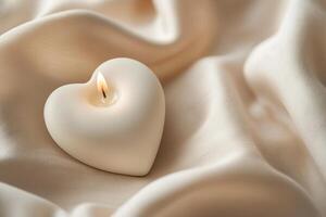 A heart-shaped candle in matte white rests on soft beige linen, its gentle curves enhancing the cozy elegance of the setting. The smooth neutral background invites text overlay photo