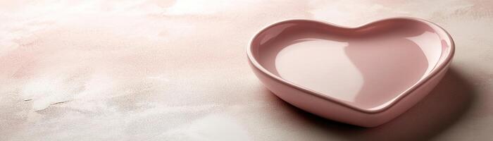 A delicate heart-shaped ceramic plate in soft matte pink features rounded edges. Its minimalistic design rests on a smooth light background, creating an inviting space for text photo